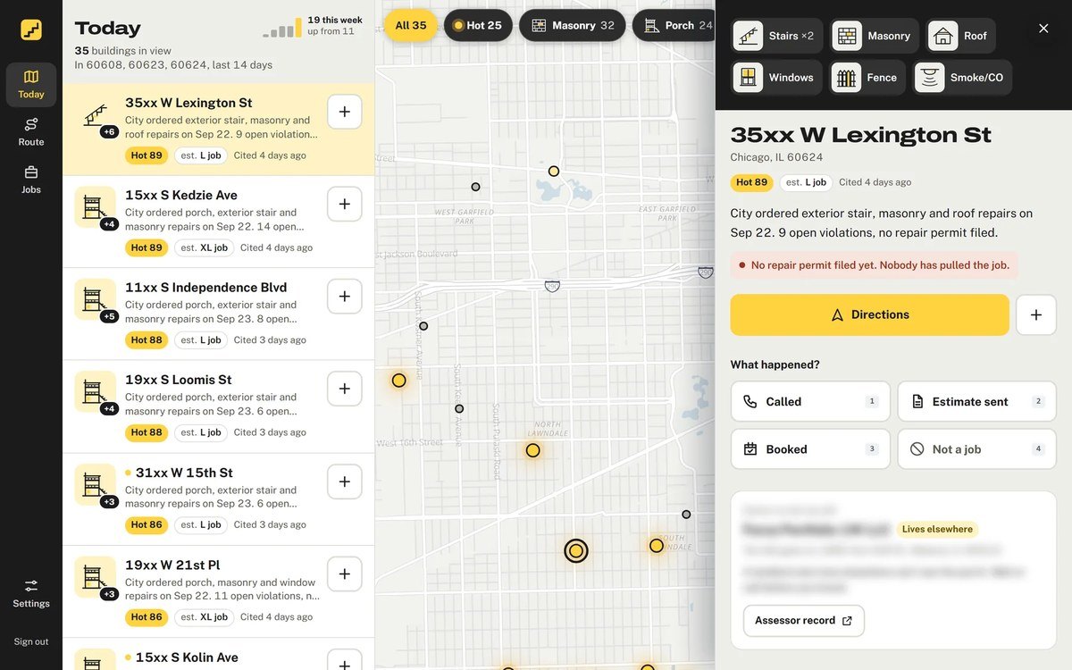 Fixablock’s Today view: a list of Chicago buildings the city ordered to repair stairs, porches and masonry, each scored hot, next to a daylight map and the detail for 35xx W Lexington St, where no repair permit has been filed. House numbers masked, owner details blurred.