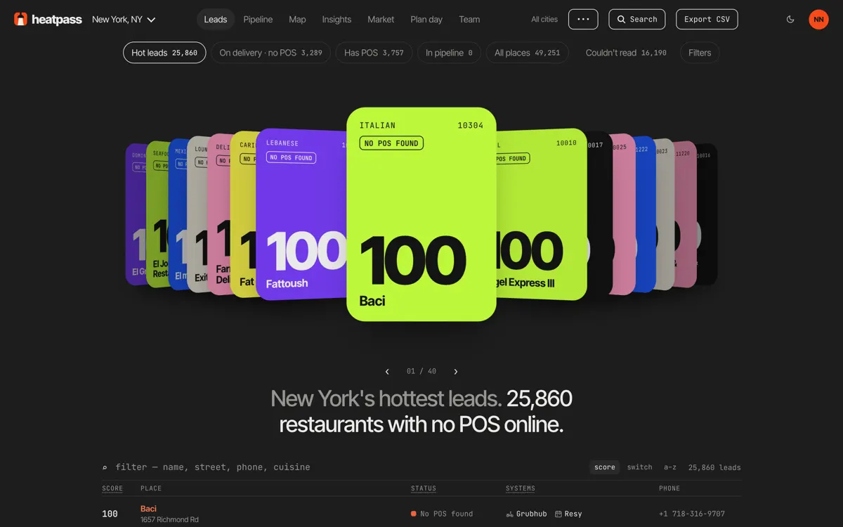 Heatpass in New York: a fan of restaurant cards scored 100 with No POS found, New York’s hottest leads, 25,860 restaurants with no POS online, above the list with each place’s status, systems and phone.