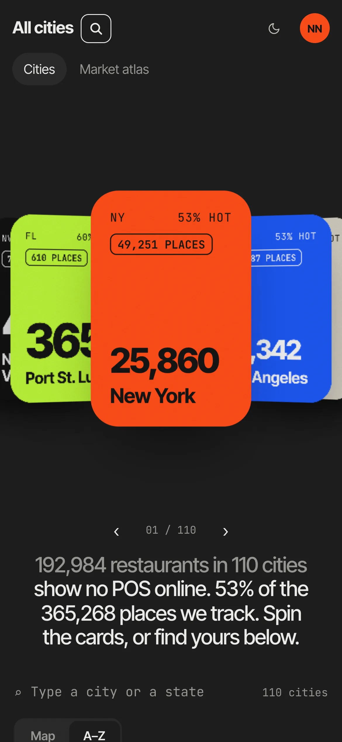 Heatpass on a phone: all 110 cities as a wheel of cards, each with its restaurant count.
